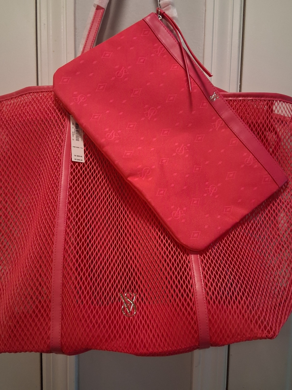 Victoria's Secret Mesh Tote and Pouch Set with Matching Pouch in Pink Like New